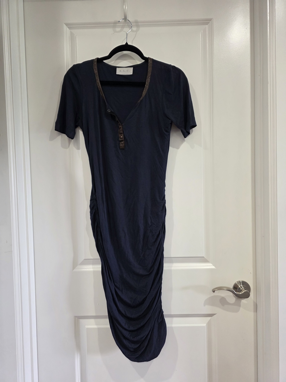 A.L.C. Navy Button-Front Ruched Midi Dress